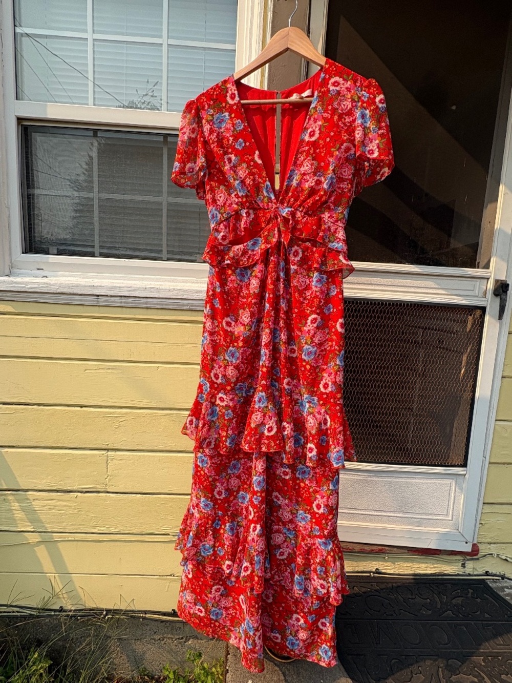 WAYF Red Floral Lavina Ruffle Tiered Cutout Maxi Dress